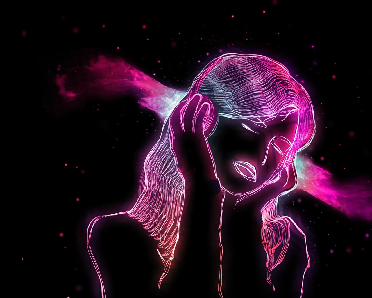 A woman sketched in glowing pink and violet lines holds a hand to her ear against black space, a magenta haze spreading behind her like wings.
