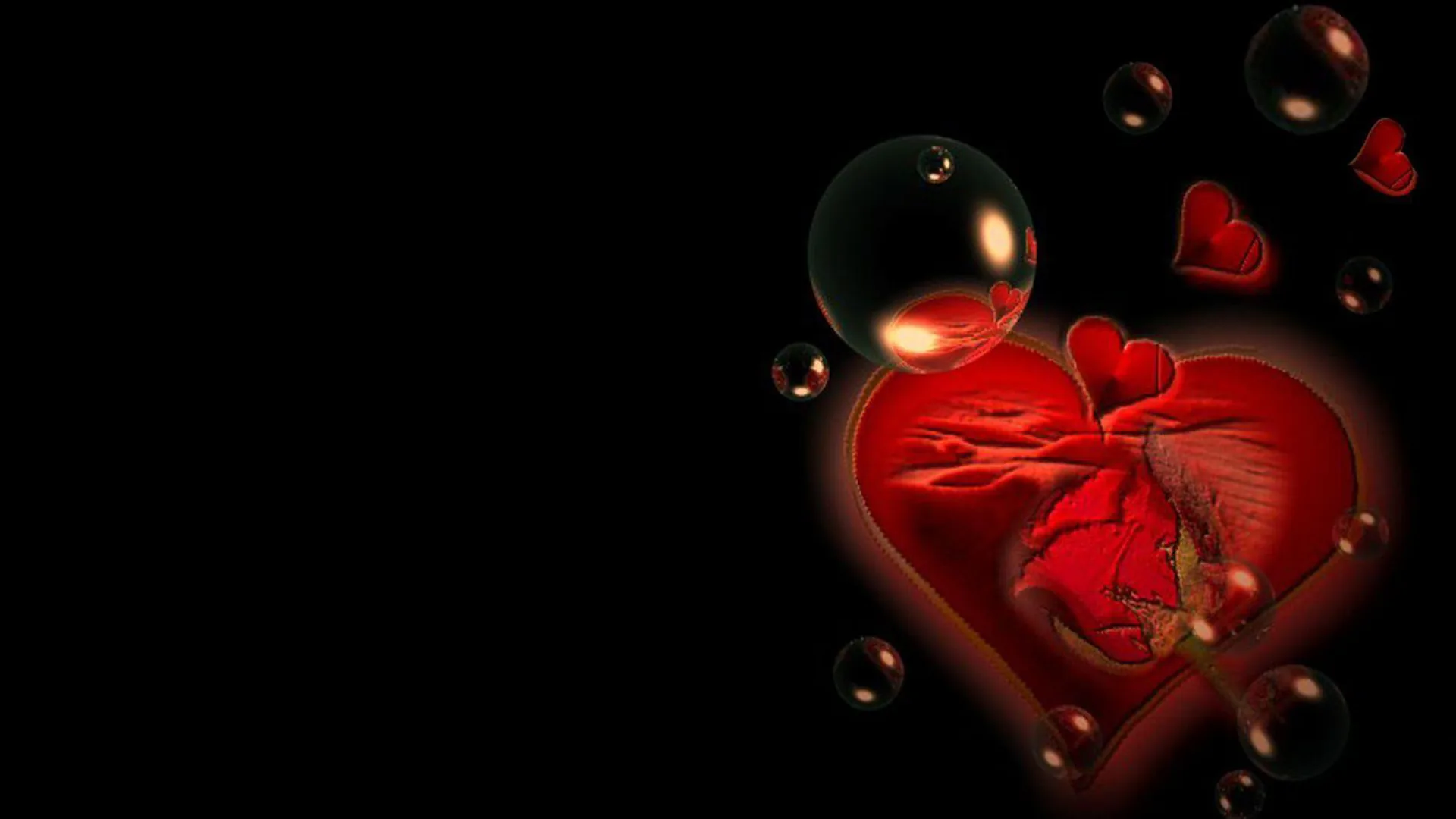 A glossy red heart glows on the right side of the frame among floating bubbles, the left half kept in flat black.