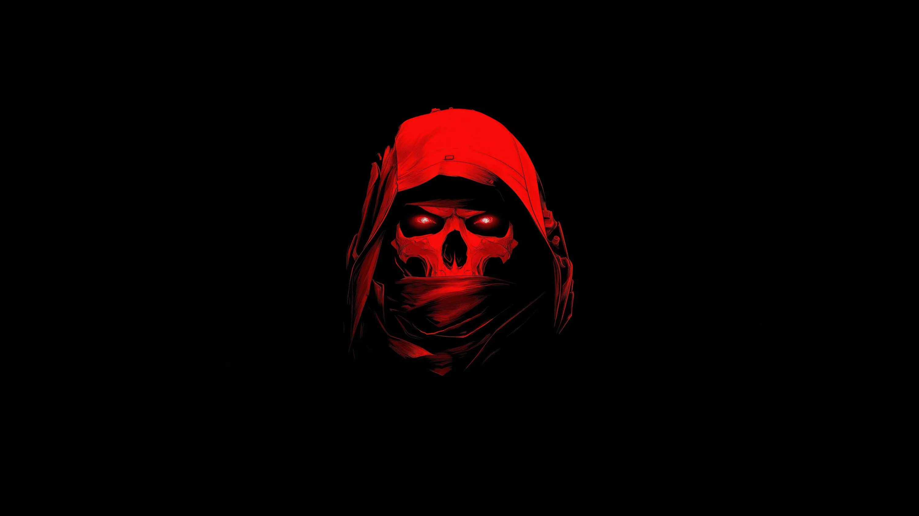 A skull face under a hood, lit only in deep red, sitting small and centred in an otherwise completely black frame.