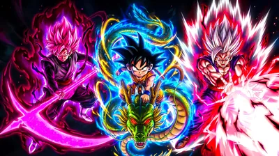Green Shenron winds around Goku at centre while a scythe-bearing Rosé and a white-haired Gohan flank him, neon light pushing colour into every corner.
