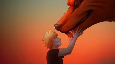 A small Naruto reaches up to press his hand against Kurama's muzzle, both figures fading into a warm orange-to-red gradient sky.