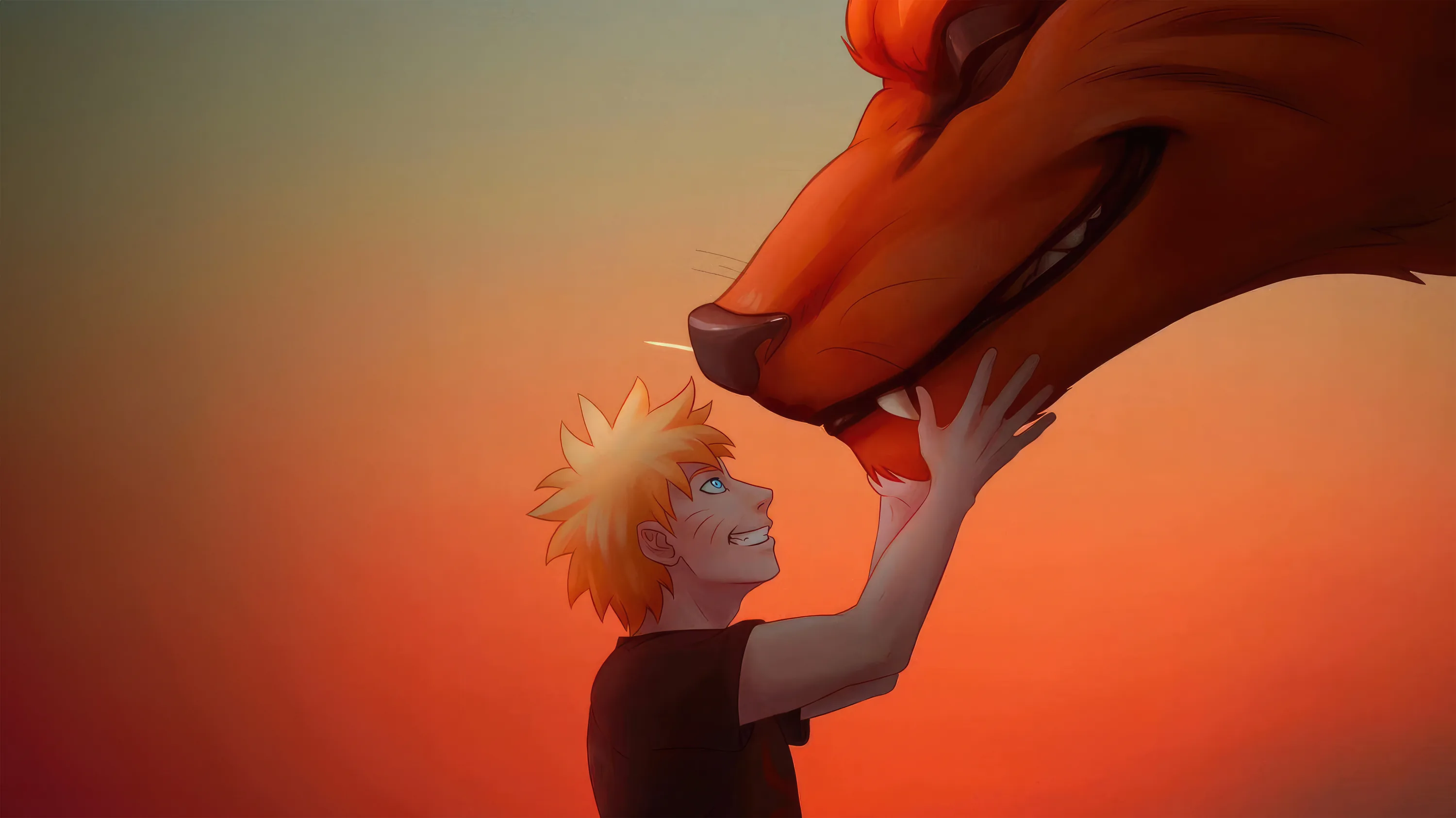 A small Naruto reaches up to press his hand against Kurama's muzzle, both figures fading into a warm orange-to-red gradient sky.
