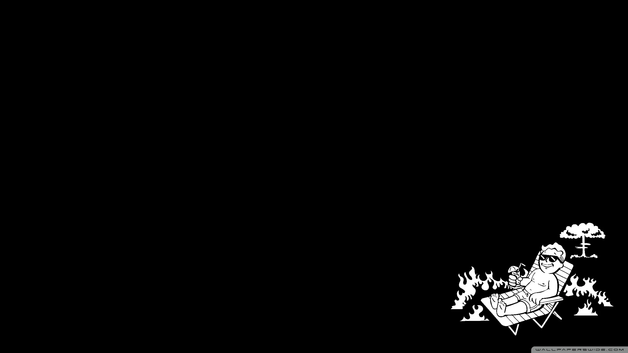 Nearly the entire frame is flat #000000, with one small white line-drawing of a figure lounging in a deck chair tucked into the bottom-right corner.