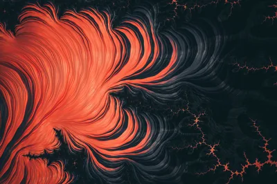 Feathered orange plumes sweep in from the left like fire underwater, thin red veins spreading through the dark fractal ground in the lower right.