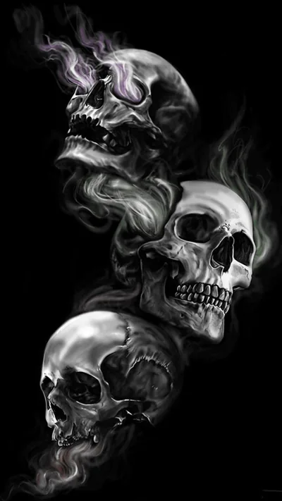 Three skulls stack diagonally up the frame with grey smoke threading between them, painted in soft monochrome airbrush.