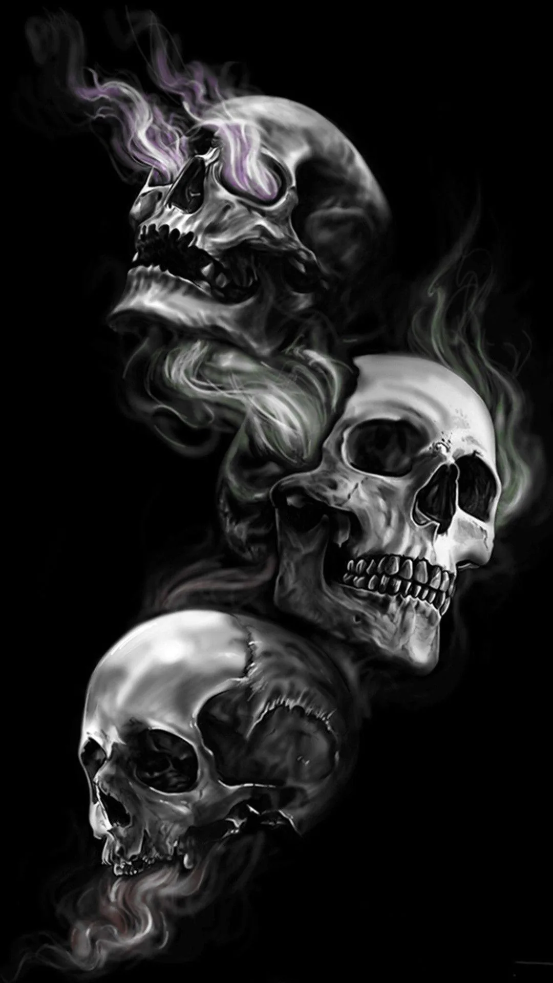 Three skulls stack diagonally up the frame with grey smoke threading between them, painted in soft monochrome airbrush.