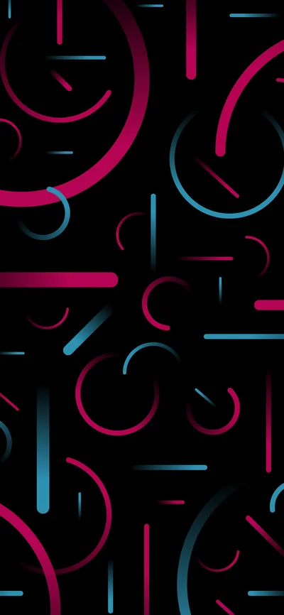 Broken circles and short dashes in hot pink and pale blue drift across a black portrait background.