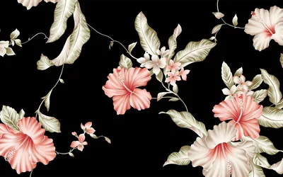 Blush hibiscus flowers and pale green leaves repeat across a matte black ground in a painted botanical pattern.