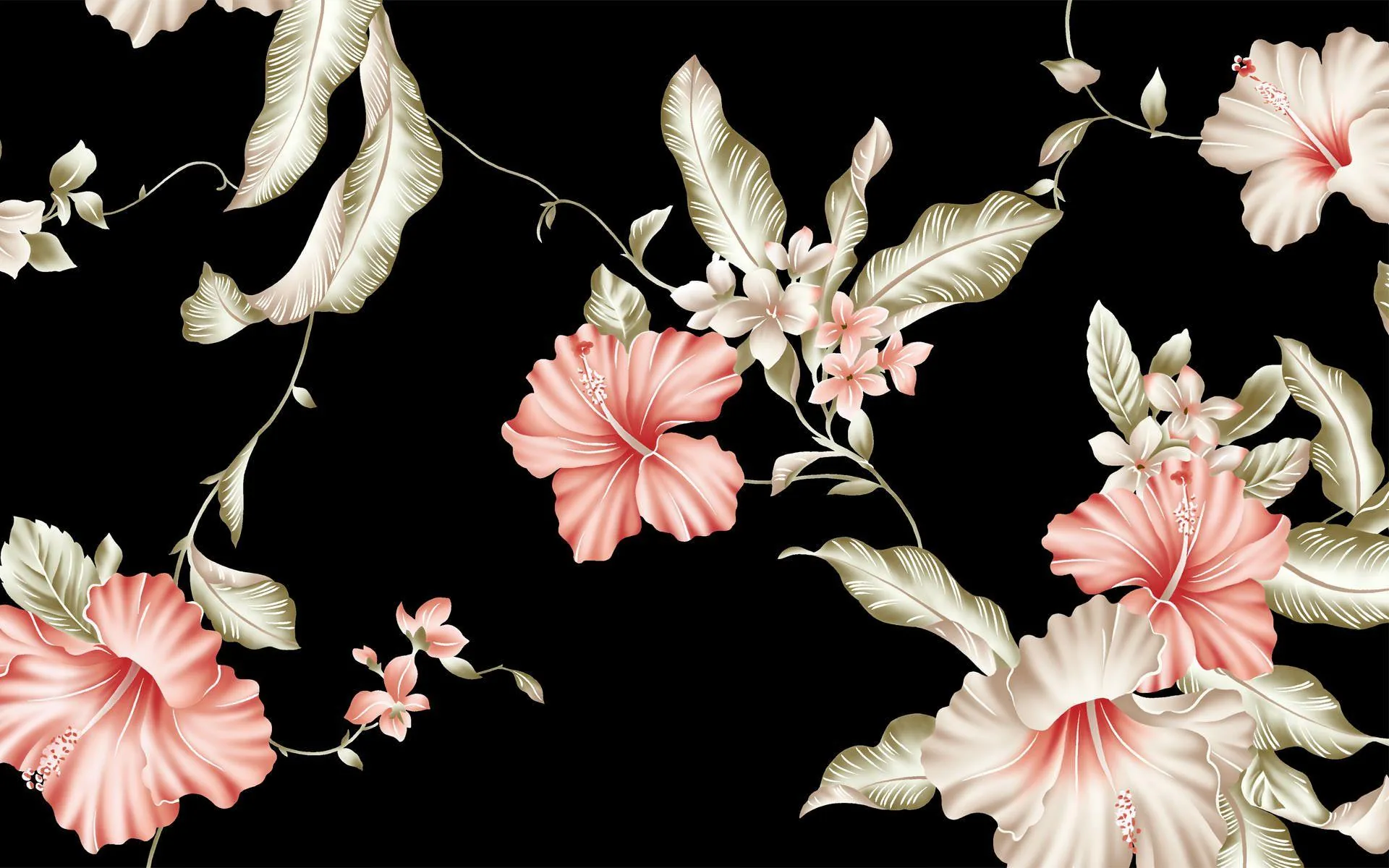Blush hibiscus flowers and pale green leaves repeat across a matte black ground in a painted botanical pattern.