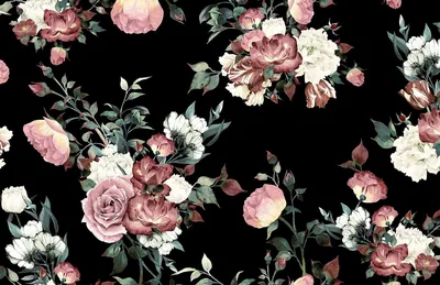 Pink and cream roses repeat across a black ground with grey-green leaves, painted in the style of an old botanical print.