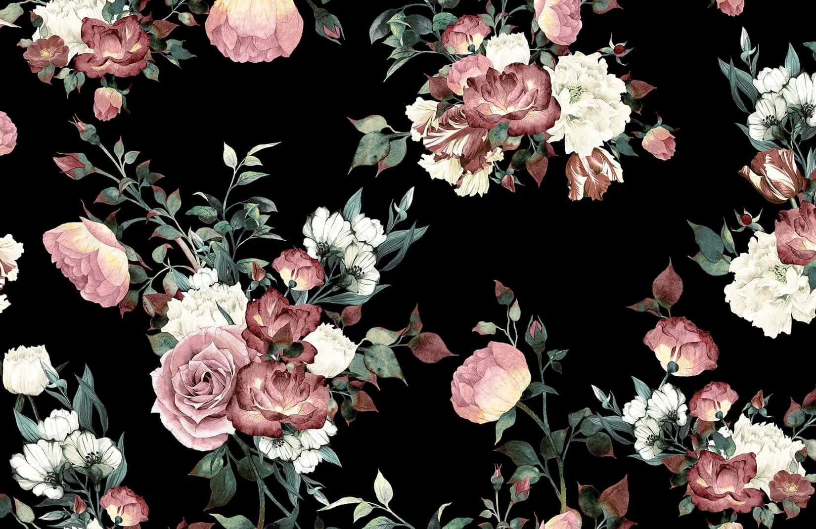 Pink and cream roses repeat across a black ground with grey-green leaves, painted in the style of an old botanical print.