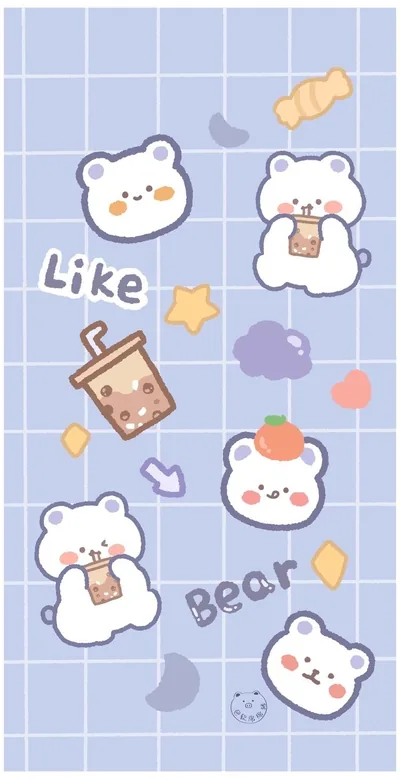 Bear faces sip boba between the words Like and Bear on a periwinkle graph grid, spaced widely enough that icons drop between them.