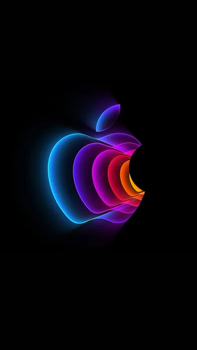 Concentric neon rings form the Apple silhouette in blue, magenta and orange, floating high on a tall black phone frame.
