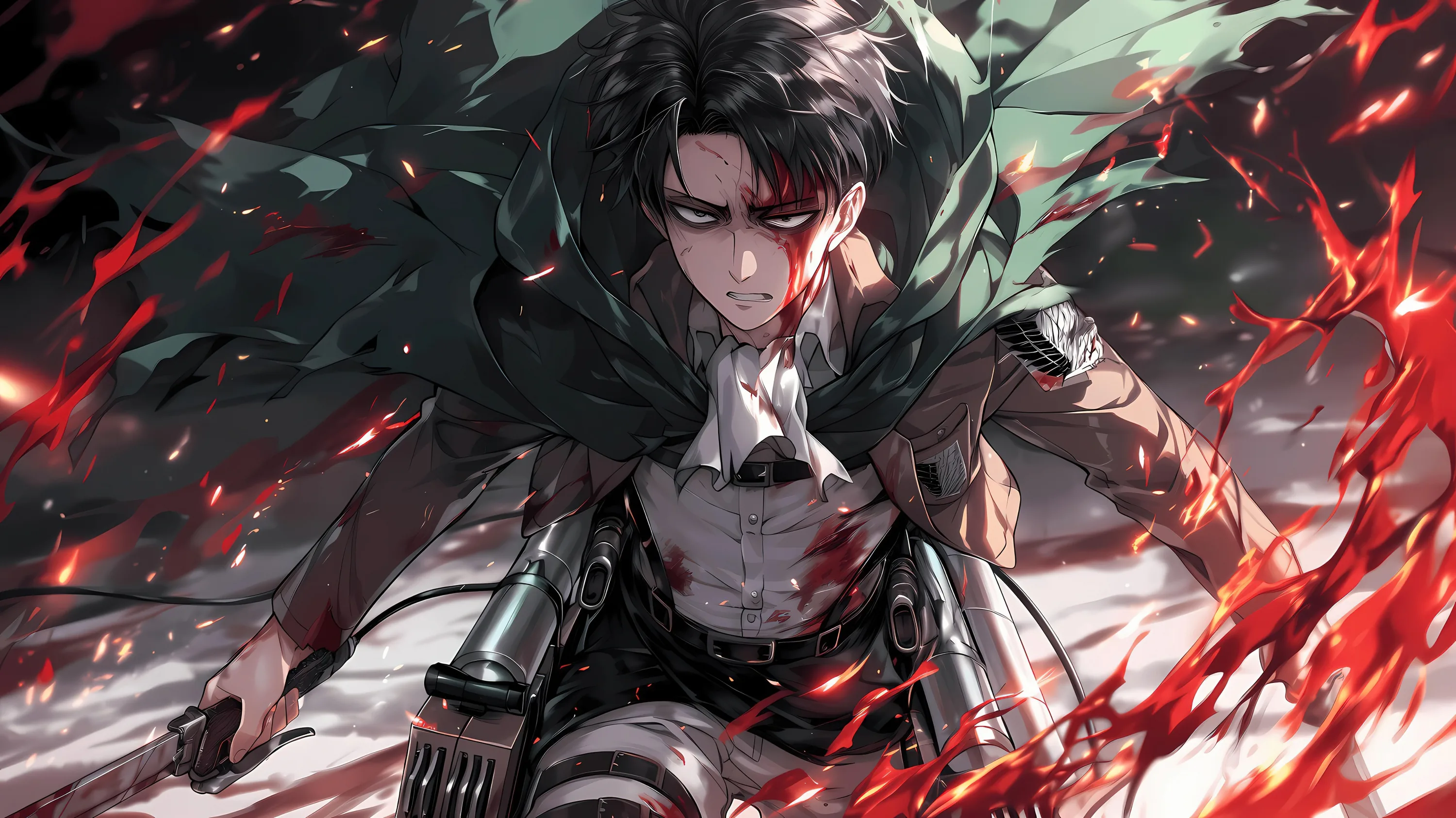 He looks straight ahead in the hooded cloak, gear straps across his chest, red slashes cutting through the dark on both sides.