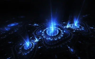 Fractal wells pour columns of blue light upward from an ornate dark surface, the brightest beam just right of centre with black filling the top corners.