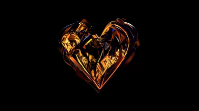 A heart shaped from folded liquid metal catches amber light along every ridge, the rest of the frame left in pure black.