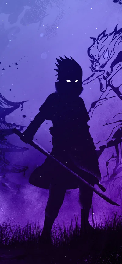 Sasuke stands blacked out against layers of purple mist, white eyes glowing and katana drawn low, with a Susanoo face looming faintly behind.