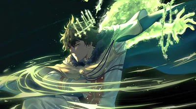 Yuno slashes through a burst of green wind magic, a glowing crown flickering above his head while the dark teal background stays deepest in the upper left corner.