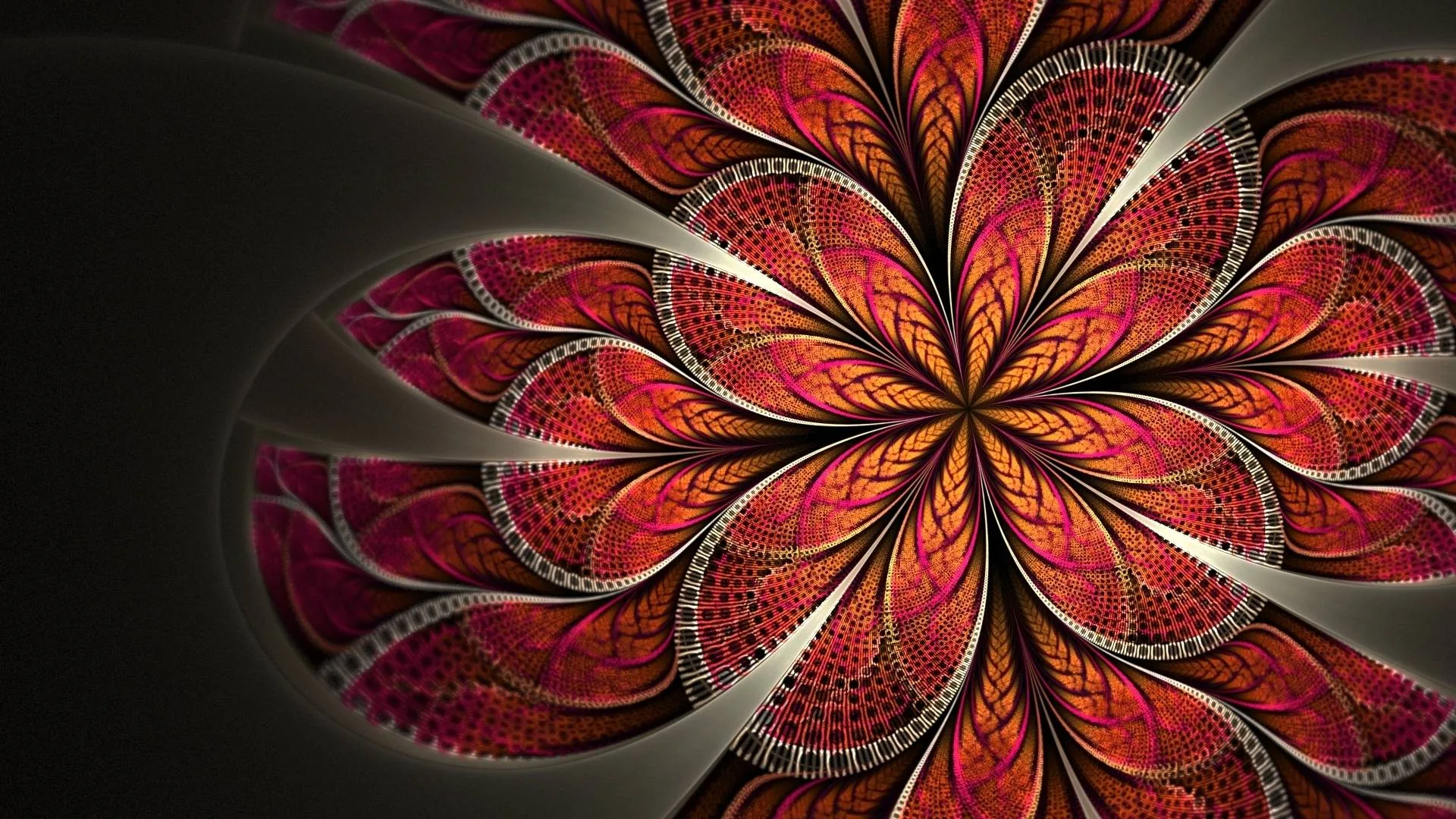 A fractal flower with lace-edged red petals blooms right of centre on smoky grey fading to black, leaving the left third open for icons.