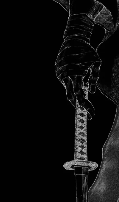 A bandage-wrapped hand grips a diamond-wrapped katana hilt, drawn in fine white lines on a black field that covers most of the frame.