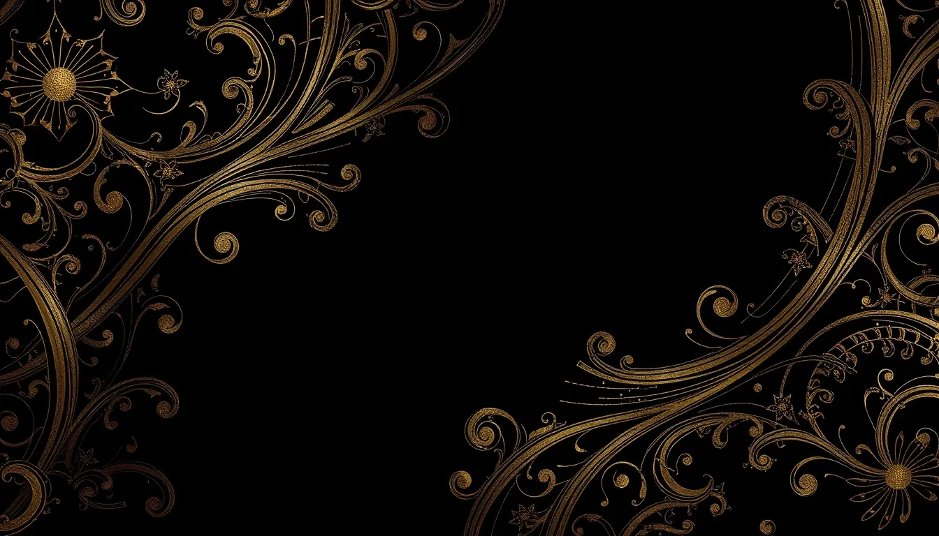 Ornate gold filigree curls in from the top left and bottom right corners, leaving the middle of the frame empty.