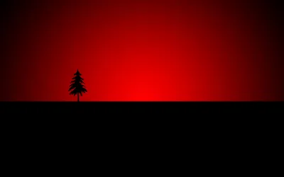A single small pine stands on a flat black horizon while the sky behind burns from bright red down to deep maroon.
