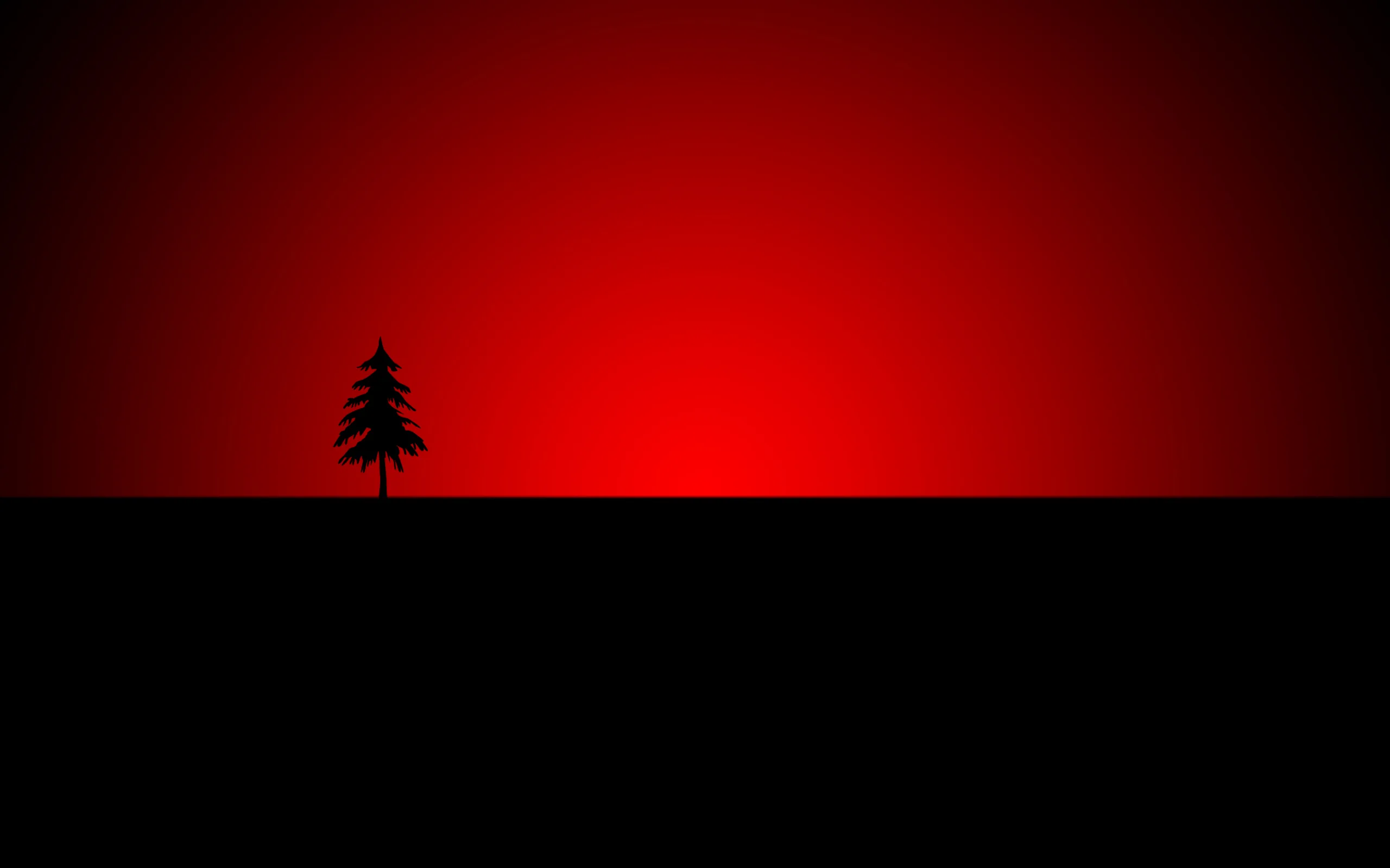 A single small pine stands on a flat black horizon while the sky behind burns from bright red down to deep maroon.