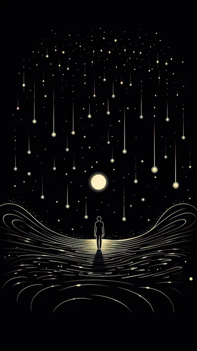 Points of light rain toward a small figure standing on a glowing pool, ripples drawn in fine gold lines.