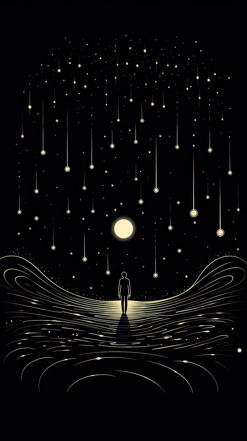 Points of light rain toward a small figure standing on a glowing pool, ripples drawn in fine gold lines.