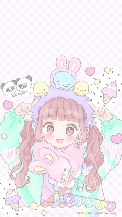 Brown pigtailed girl in a hooded bonnet squeezes a pink rabbit, panda and chick stickers floating around her, only the top corners of the check ground left plain.