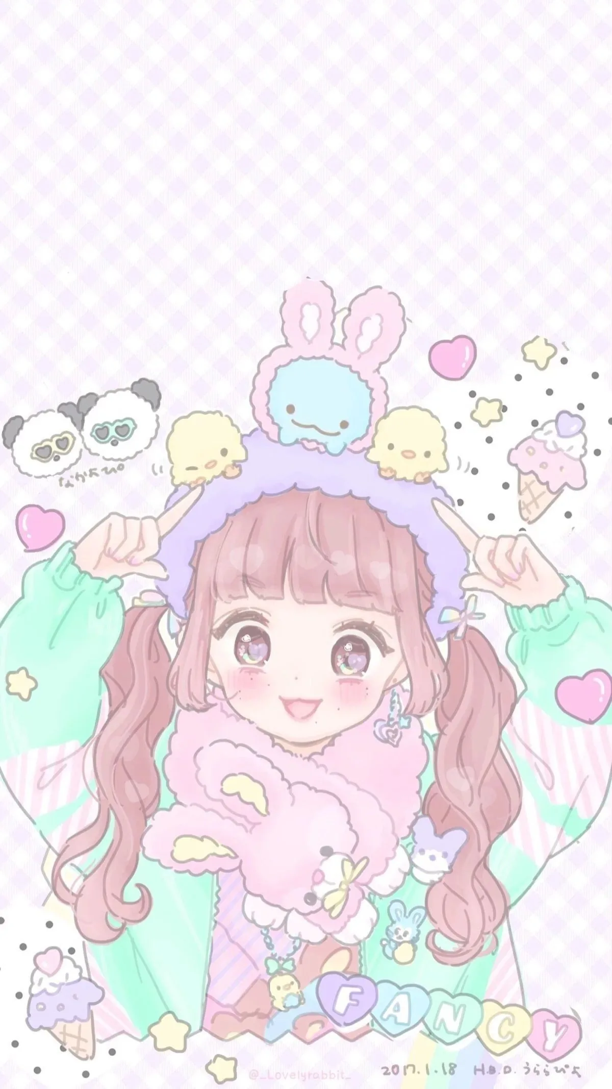 Brown pigtailed girl in a hooded bonnet squeezes a pink rabbit, panda and chick stickers floating around her, only the top corners of the check ground left plain.