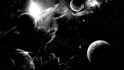 Several planets and two ringed worlds drift around a bright burst in the upper left, all rendered in black and white digital art.