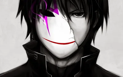 A black-haired boy in a high-collared coat wears a half mask painted with a purple lightning mark and a red grin, one dark eye uncovered.