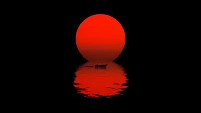 A flat red disc sits low over black water, its reflection broken into ripples, with one tiny rowing boat crossing the centre.