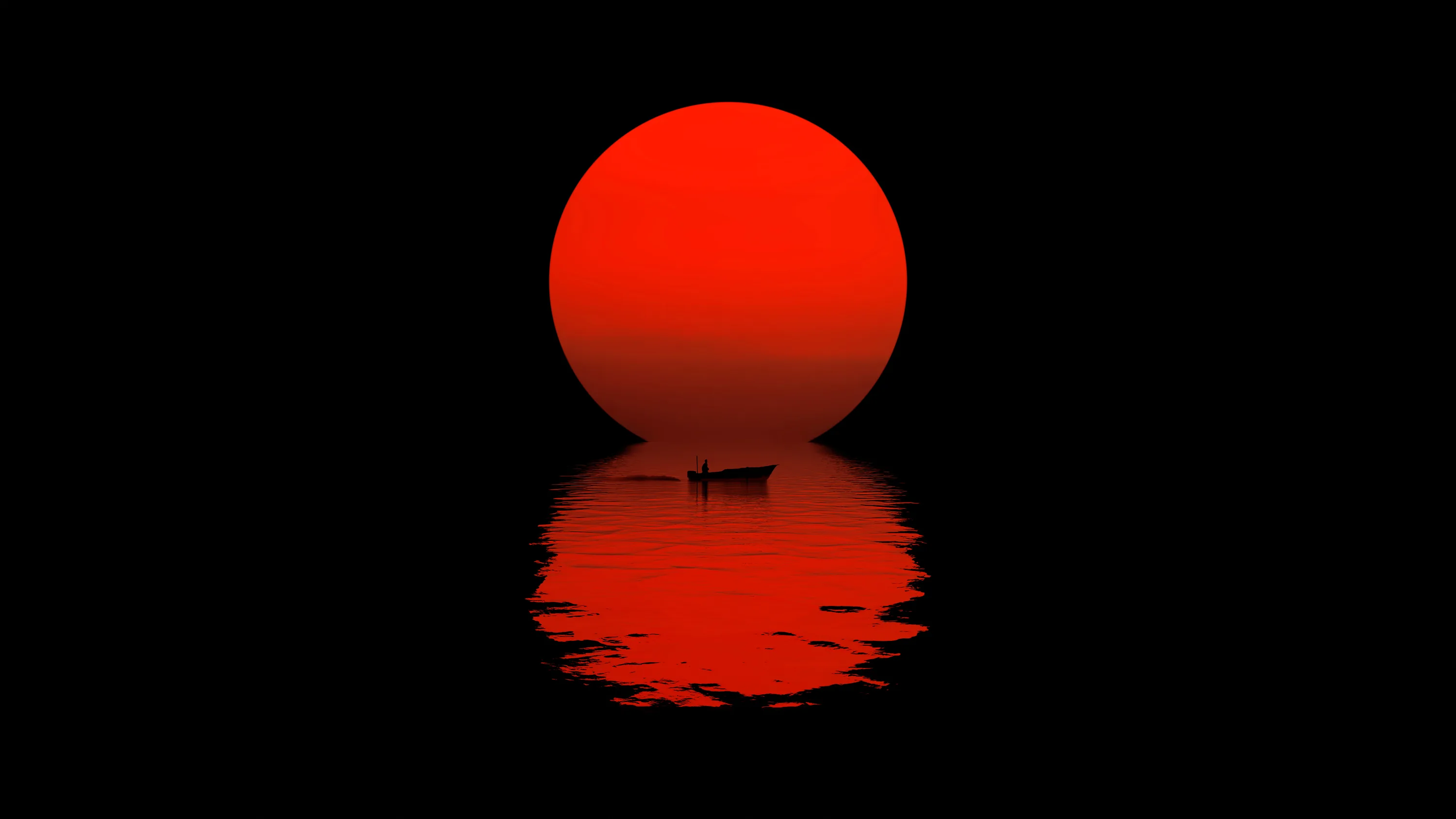A flat red disc sits low over black water, its reflection broken into ripples, with one tiny rowing boat crossing the centre.