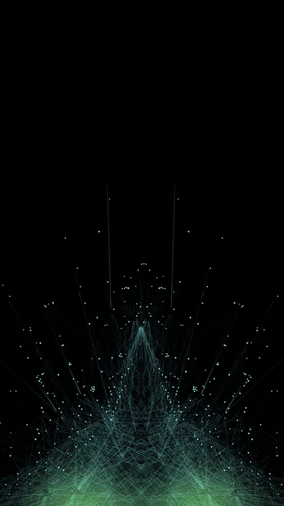 A glowing green mesh pyramid sits low in the frame throwing thin particle trails upward, the top two thirds left empty.