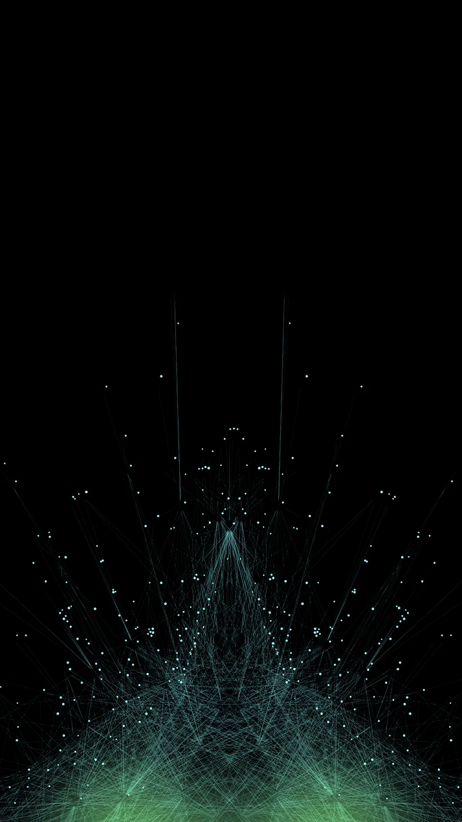 A glowing green mesh pyramid sits low in the frame throwing thin particle trails upward, the top two thirds left empty.