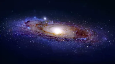 A tilted spiral glows violet against plain black space, its arms fading softly at the edges so the corners stay dark for desktop icons.