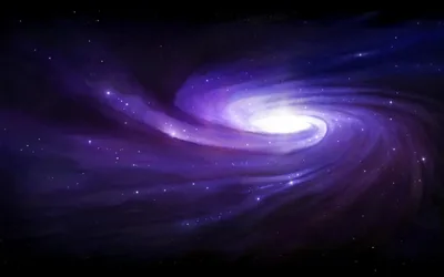 A painted spiral galaxy fills the frame with violet arms winding out from a white core, corners fading to near-black.