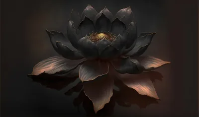 A painted lotus spreads charcoal and copper petals across a smoky brown ground, gold stamens crowded in its middle.