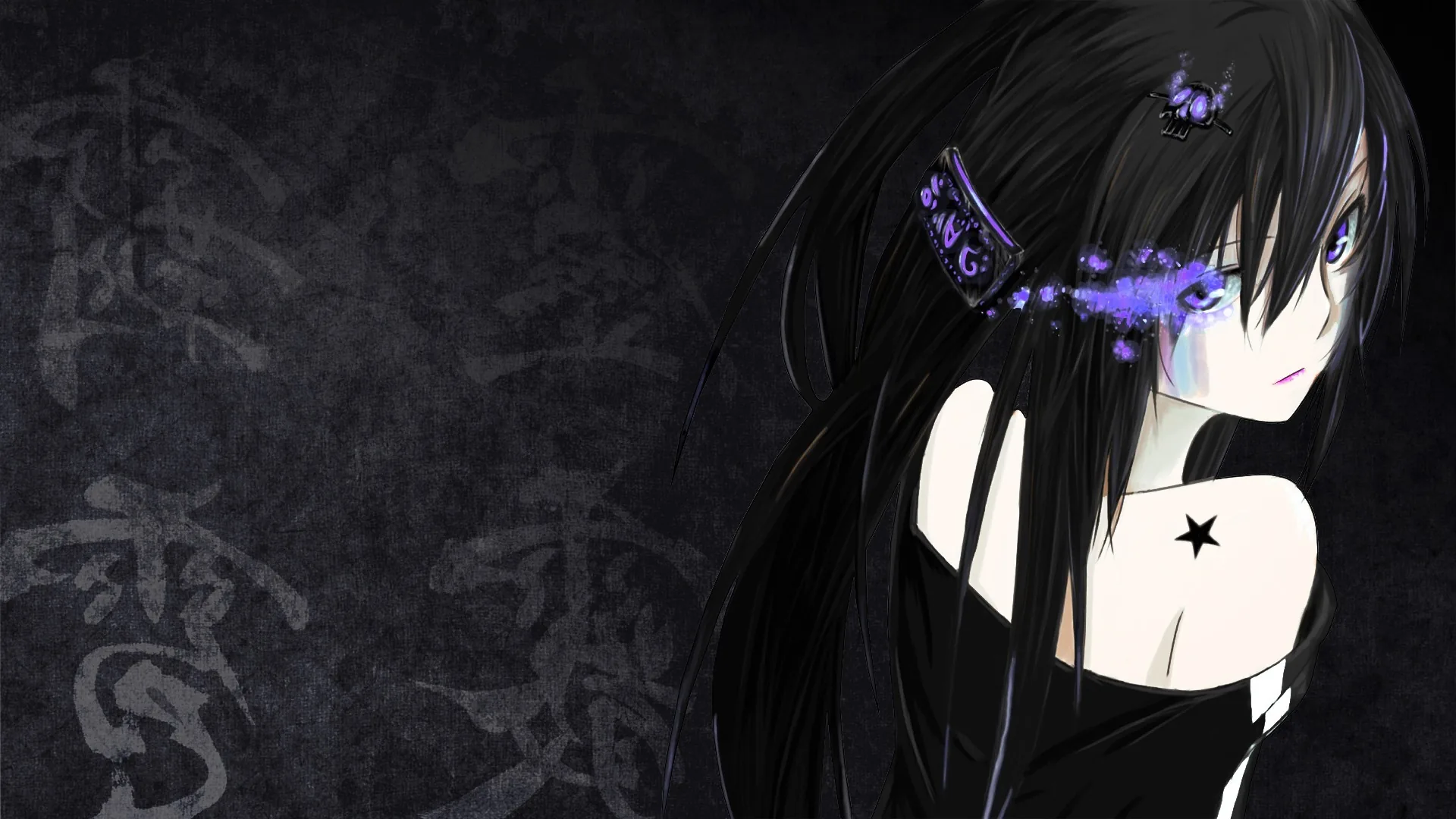 Violet butterflies rest in her long black hair and a small star sits on her bare shoulder, faint kanji showing through the dark stone wall on the left.