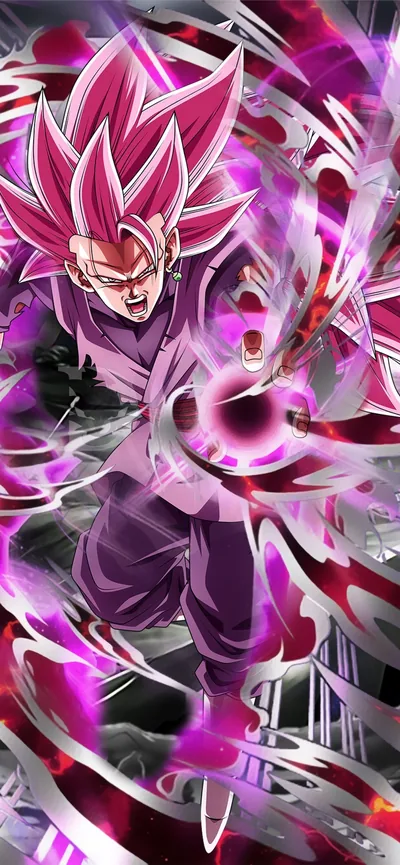 Card-style art of a long-maned Rosé crouching mid-scream, twin violet orbs spiralling around him in a tall crop built for phone lock screens.