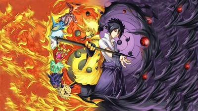 Naruto's flame-wrapped side meets the black spiral of Sasuke's Susanoo at a yin-yang seal, small tailed beasts tucked into the fire along the left edge.