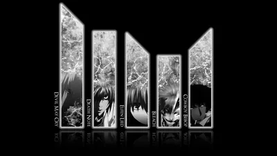 Five shattered-glass panels spell out the initials on solid black, each one holding a different character with their name printed vertically beneath.