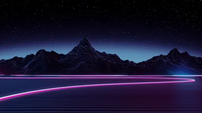 A pink and blue light trail curves across the foreground of a low mountain range, a star field filling the sky and a faint grid on the flat ground.