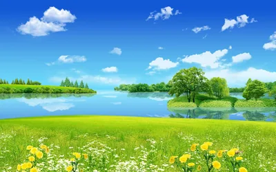Rendered in saturated greens and blues, this composite meadow keeps its flowers along the bottom edge and leaves the upper sky open for desktop icons.