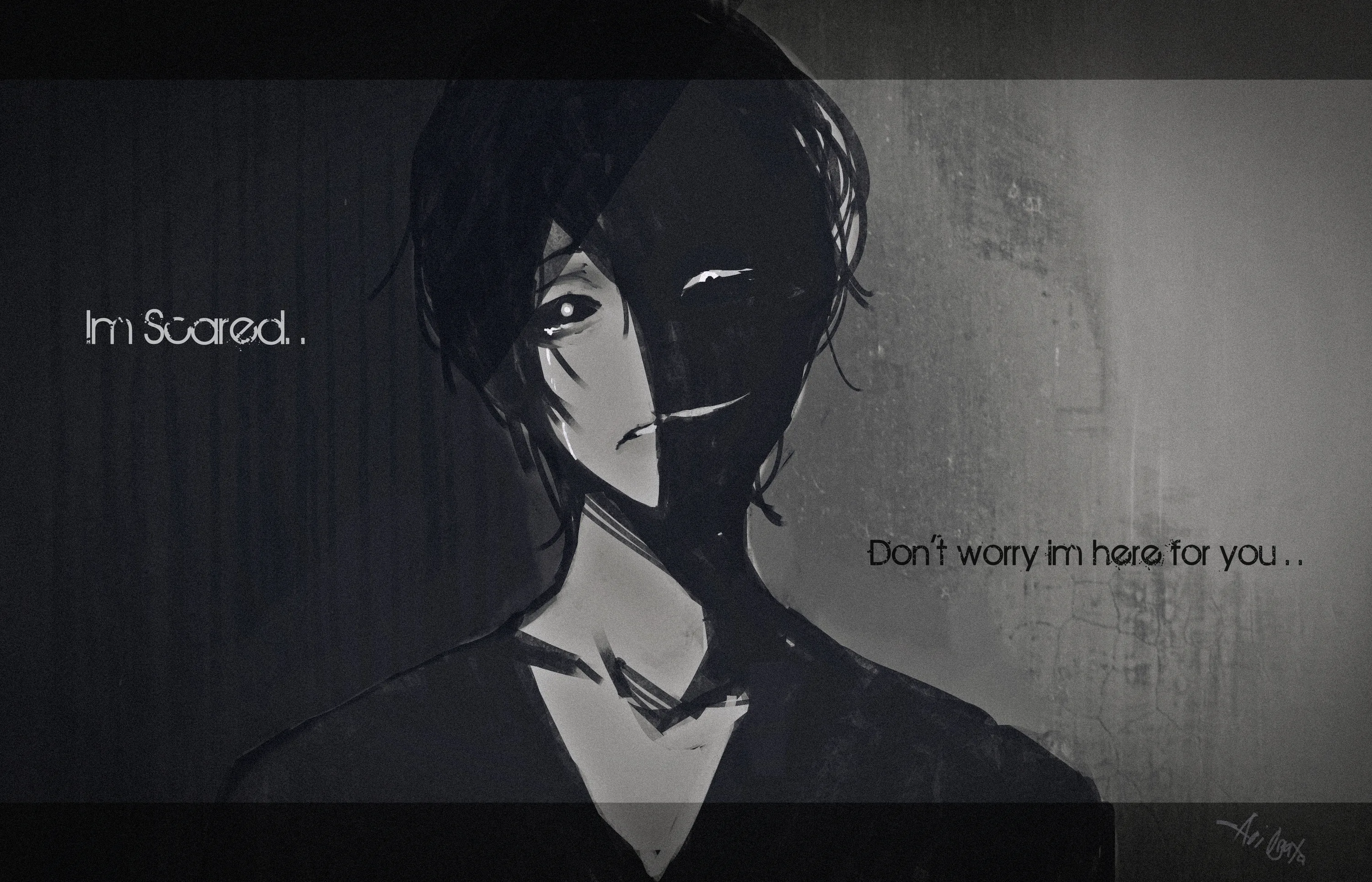 Two faces overlap in soft greyscale against a scratched concrete wall, short lines of dialogue set into the empty space on either side.