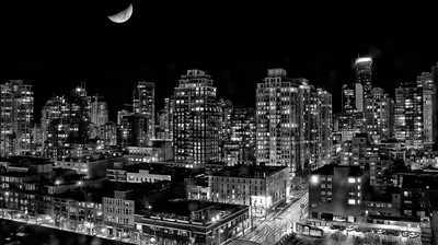High-rise towers stand in black and white with lit windows scattered across them, a crescent moon in the empty sky above.