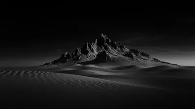 A sharp peak stands out of rippled dunes in low light, the sky above it fading from grey to black.