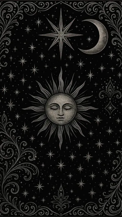 A sleeping sun face sits at the centre with a crescent moon and star above it, framed by silver filigree on a starry black card.